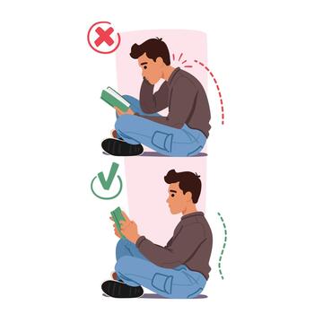 Man Engrossed In A Book Sits On Floor With Proper And Improper Body Postures. Right Pose Involves Sitting vector