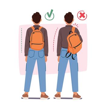 Man, Burdened By A Backpack, Displays Improper And Proper Postures. In One, He Carries Bag on One Shoulder vector
