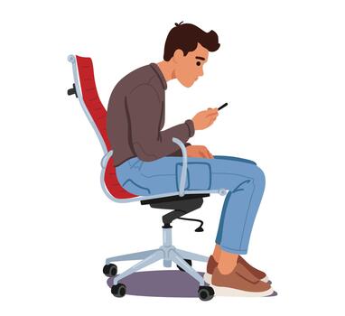 Man Slouches On A Chair, Engrossed In His Smartphone, His Body Contorted In A Poor Posture while he Looking on Screen vector