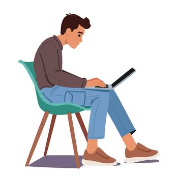 hombre muestra pobre cuerpo postura mientras utilizando computadora portátil, atractivo incomodidad y potencial salud cuestiones ilustración vector