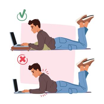 Bad and Good Body Poses while Working with Laptop. In The Wrong Posture, Man Slouches, Straining The Back vector