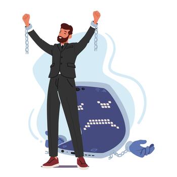 Determined Man Shatters The Chains Of Cellphone Addiction, Symbolizing Liberation And Reclaiming Control Over Time vector