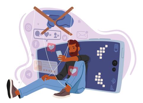 Marionette Of Addiction, Strings Entwined With A Cellphone, Portraying A Man Enslaved To The Digital World, vector