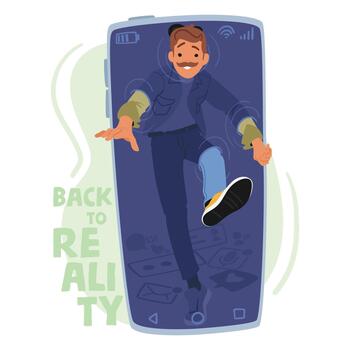 Man Leans Out From A Mobile Phone Screen, His Hands Reaching Towards Reality. His Expression Conveys A Longing vector