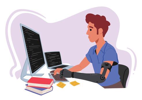 determinado discapacitado hombre con mano prótesis diligentemente trabajos en el oficina, mecanografía en su computadora con Resiliencia vector