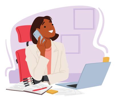 Resilient Disabled Woman With A Hand Prosthesis Tackles Tasks In Office. Character Breaking Barriers And Inspiring vector