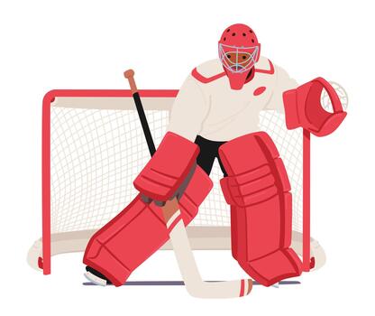 Determined Hockey Goalkeeper Guards The Net With Agile Moves, Clad In Red Gear. Focused And Ready, for Incoming Puck vector