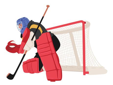Focused Hockey Goalkeeper Character Guards The Net With Determination, Clad In Protective Gear And A Mask vector