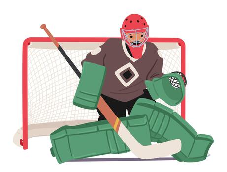 Fierce Hockey Goalkeeper Guards The Net With Determination, Clad In Intimidating Gear, Ready To Defend Their Team vector
