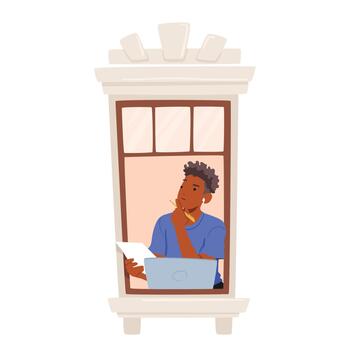 contemplativo hombre se sienta por un ventana con un ordenador portátil y un sábana de papel en manos, profundo en pensamiento, ilustración vector