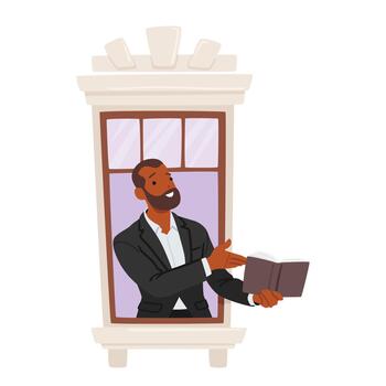 Focused Businessman Character Stands By A Window, with Book in hand, His Face Illuminated By Knowledge vector