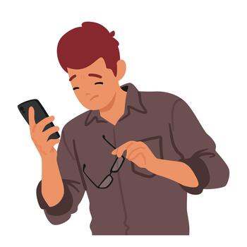 hombre con visión problemas luchas a utilizar un teléfono inteligente, masculino personaje participación lentes y móvil, bizco y tocando vector
