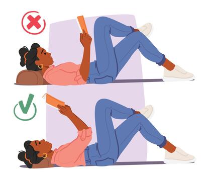 Black Female Character Reading, Lying on Pillow in Right and Wrong Postures. Improper, Slouching With Rounded Shoulders vector