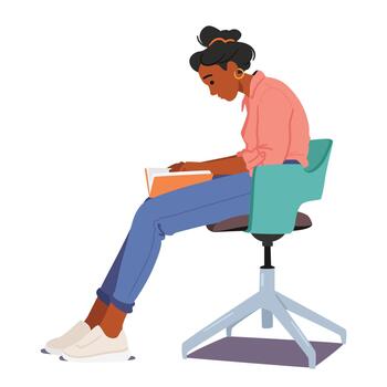 Female Character Showing Improper Reading Pose. Black Woman Reader Slouched In A Chair, Book Held Upside Down vector