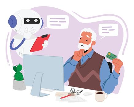 mayor hombre, asistido por un chatbot, navega en línea pagos, asegurando seguro actas y un digital experiencia vector