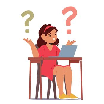 perplejo niña sentar a escritorio curioso a un ordenador portátil pantalla, cejas surcado, perdido en un mundo de digital complejidad vector