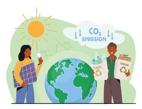 Green Energy, Global Warming And Environmental Solutions Concept. Characters With Solar Panel And Reusable Package vector