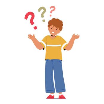Bewildered Boy Stands With Question Marks Hovering Above His Head, Lost In A Sea Of Uncertainty. Little Curious Kid vector