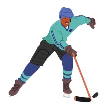 Fierce Hockey Player Clad In Gear, Gliding On The Ice With Determination, Stick In Hand, Eyes Fixed On The Puck vector