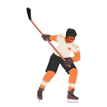 Hockey Player Character, Clad In Gear, Skates Swiftly Across The Ice, Stick In Hand, Determined And Focused vector