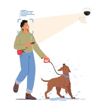 Under A Surveillance Cameras Face Recognition System, A Man Walking With A Dog. Character Monitored, Illustration vector