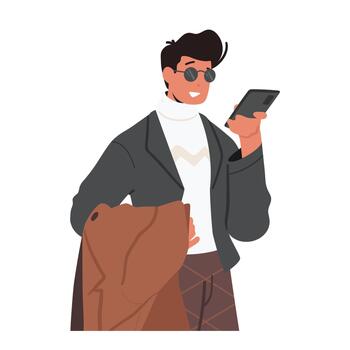 Man Speaks On A Mobile Phone, Male Character Communicates With Others Remotely, Making Calls, Sending Messages vector