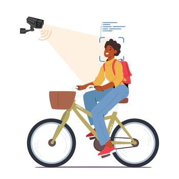 Surveillance Cameras With Face Recognition System Monitor And Identify A Woman Riding On A Bicycle, Enhancing Safety vector