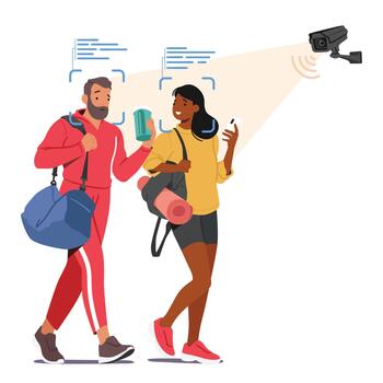 Characters In Gym with Surveillance Cameras With Face Recognition Systems Ensure Enhanced Security By Monitoring People vector