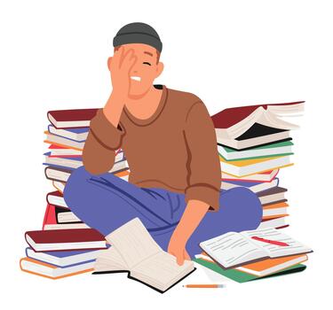 Tired, Sad Student Surrounded By Towering Stacks Of Books, Feeling Overwhelmed By The Vast Knowledge And Academic Demand vector