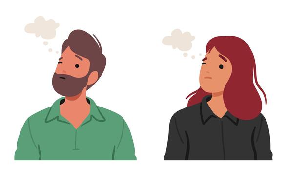Man and Woman With Contemplative Expression, Brows Slightly Furrowed, Deep In Thought, Illustration vector