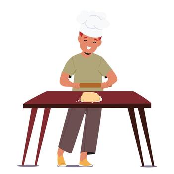 Little Chef In Chief Hat, Eager And Adorable, Rolls Out Dough With Pin Roll, Creating Culinary Magic In The Making vector