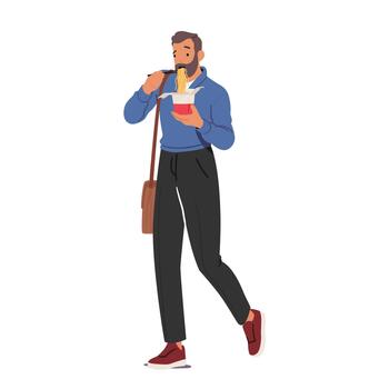 Busy Man, Devouring A Quick Meal While On The Move, Embodies The Hustle Of Modern Life, Illustration vector