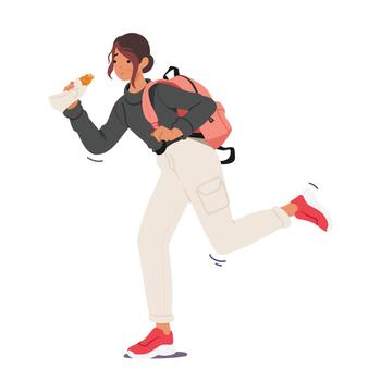 Busy Student Girl, Backpack Slung, Takes Quick Bites From A Snack While Rushing To Class. Multitasking On The Go vector