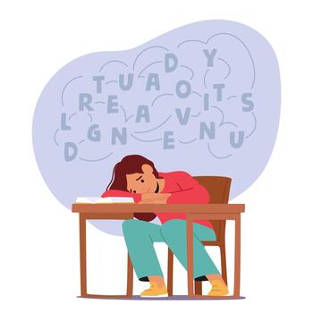 Sad Child Struggles With Their Homework, Burdened By Stress. The Weight Of The Task Casts A Shadow Over Their Shoulders vector