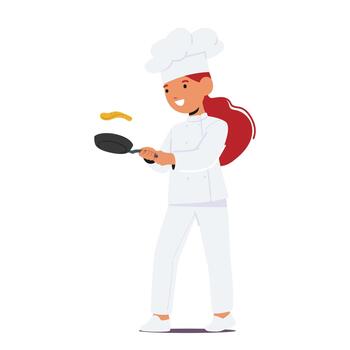 Young Chef Girl Character With A Gleeful Grin, Expertly Flips Pancakes In A Sizzling Pan, Creating Perfection vector