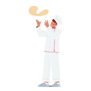 Skilled Chef Character Deftly Tosses Pizza Dough Into The Air Creating Mesmerizing Dance Of Flour And Dough vector