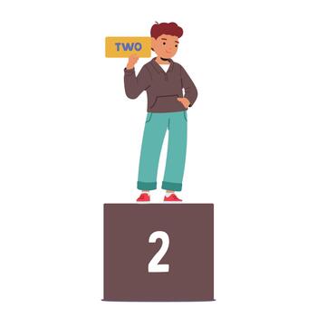 Joyful Child Boy Holds Up The Number Two. Kid Character Representing Progress In Math Learning, Illustration vector