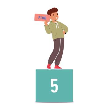 Delightful Child Joyfully Presents The Number Five, Representing Achievement In Math Learning, Illustration vector