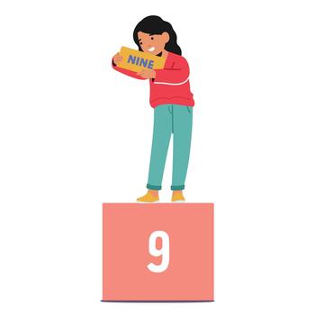 Cute Smiling Girl Holding Number Nine, Emphasizing A Joyful Approach To Learning Mathematics, Illustration vector