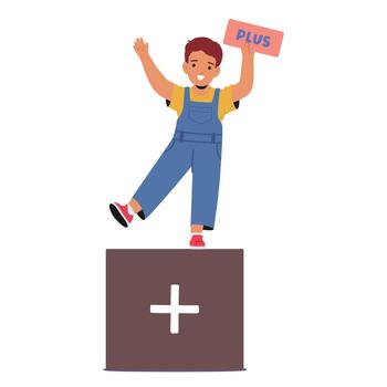 Cheerful Child Holding A Plus Sign, Symbolizing A Positive And Engaging Approach To Learning Foundational Math Concepts vector