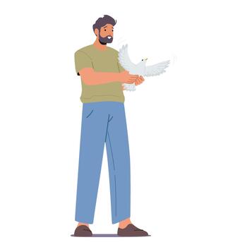 Man Releases A White Dove, Symbolizing Peace And Hope. As It Soars Into The Sky, It Embodies The Universal Yearning vector