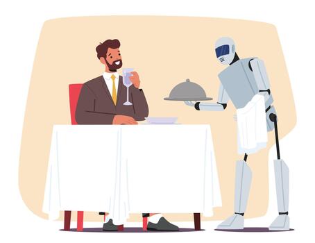 Futuristic Robot Efficiently Serves Customer In Restaurant, Its Metallic Limbs Smoothly Delivering Dishes With Precision vector
