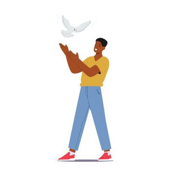 Man Releases A Pure White Dove, Symbolizing Peace And Hope, As It Soars Into The Sky, Carrying A Message Of Harmony vector