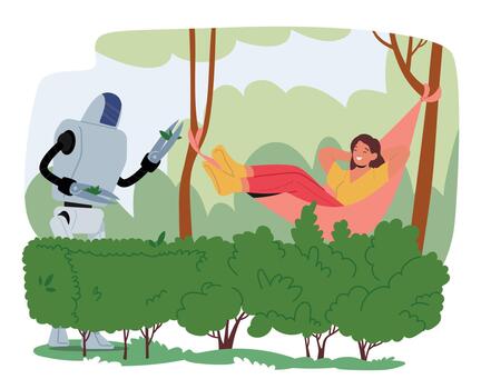 robot jardinero personaje hábilmente adornos arbustos con sus mecánico brazos tijeras, trayendo orden a el jardín vector