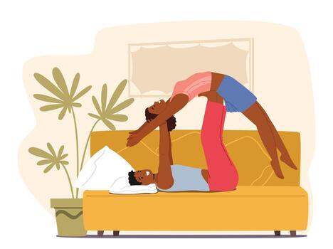 Graceful And Balanced Couple Engages In Acro Yoga Pose Lying On Sofa, Forming Intricate Shapes That Blend Strength vector