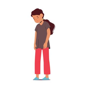 Girl Stands With Downcast Eyes. Child Avoiding Eye Contact, Autism Symptom. Little Character Find It Challenging vector