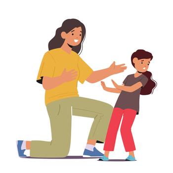 Child Exhibiting Signs Of Autism Avoid Close Contact. Mother Character Trying Interact With Autistic Daughter In Vain vector