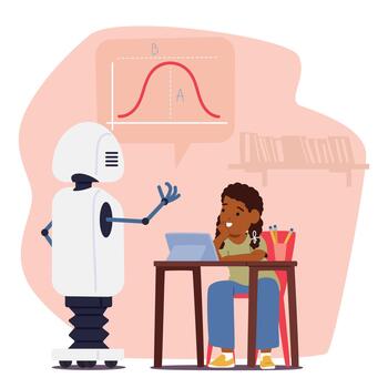 Student Girl Character Learning Robot. Chatbot Assists Kid In Algebra, Answering Questions, Providing Guidance vector