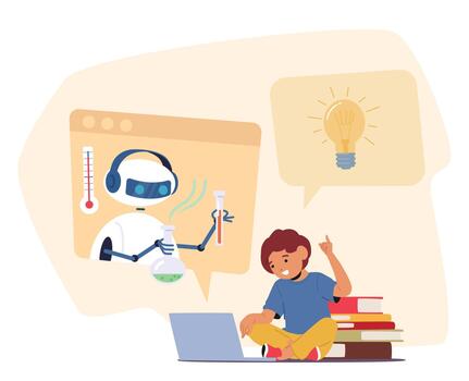 Friendly Chatbot Guides Curious Kid Through Interactive Chemistry Lessons, Making Learning A Delightful Adventure vector