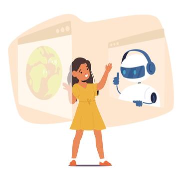 Chatbot Assists Kid In Learning, Offering Interactive Lessons, Answering Questions, And Providing Educational Games vector